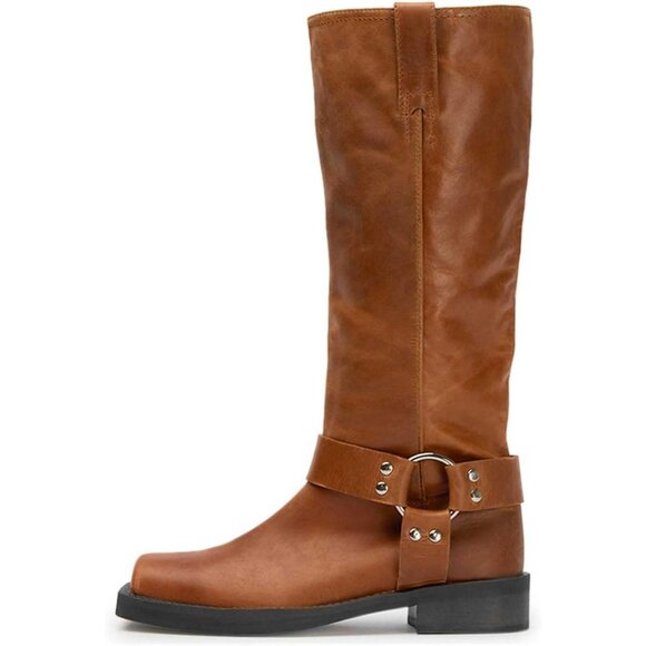 Women's Brown Knee High Boots Slip On Riding Boots With Buckle Sexy Squared Toe - Picture 1 of 7
